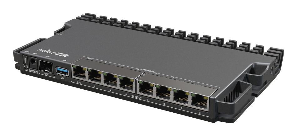 Mikrotik RouterBOARD 5009UPr+S+IN with Marvell Armada ARMv8 CPU, 1GB DDR4 RAM, 1GB NAND storage, 1x 2.5GLAN, 7x 1GLAN (802.3af/at PoE-Out & PoE-In), 1x SFP+ port, RouterOS L5, metal desktop case, PSU