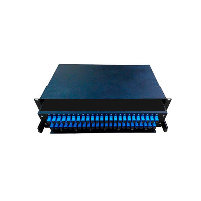 XCOMFIBER - ODF rack 19”, 24 ports, loaded with 12 LC Duplex adapters and 24 pigtail LC, OM3, 0.9mm, 1 meter. Black color. Model Fixed panel